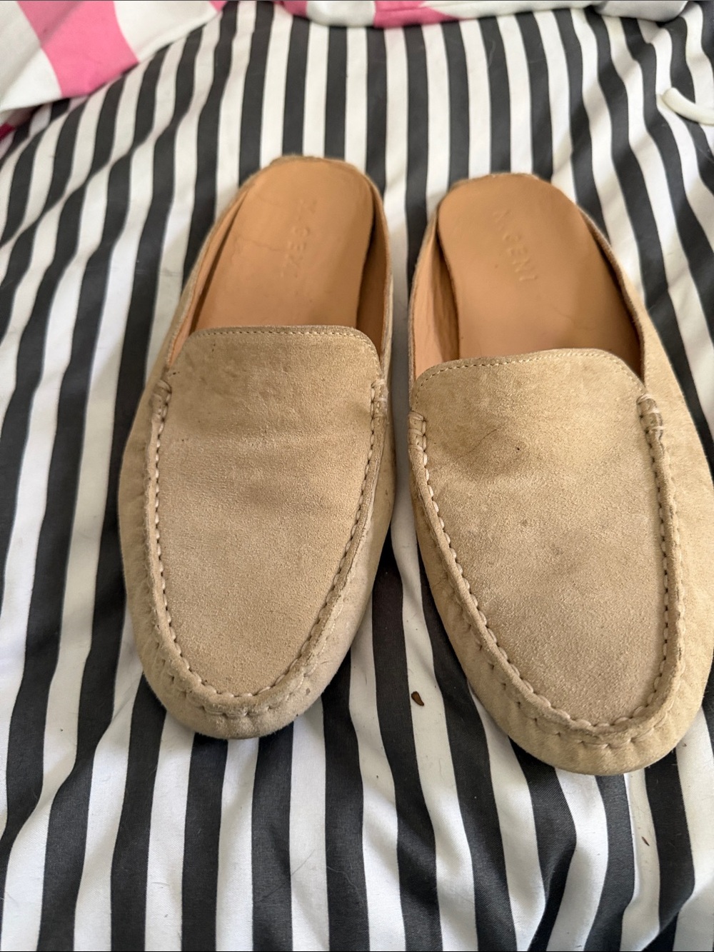 Suede Backless Mule Loafers in Beige